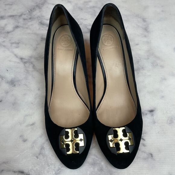 Tory Burch Luna Black Suede Medallion Logo Wedge Pumps - Picture 3 of 11